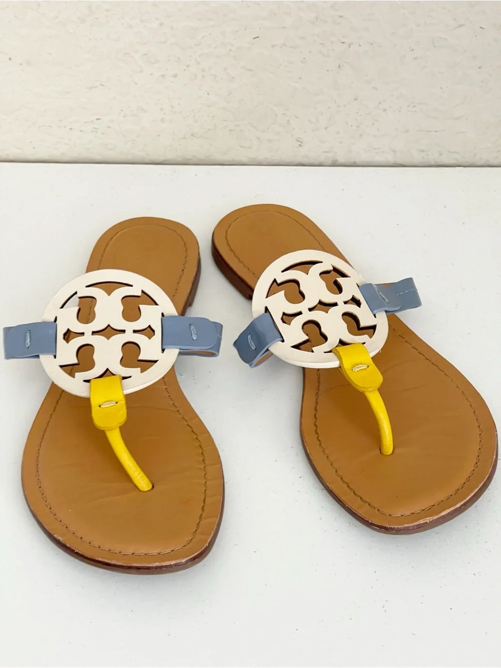 Tory Burch Miller Leather Thong Sandal in Yellow, Blue & White 7